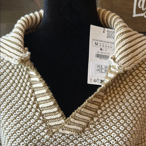 Zara Cream V-Neck Collared Sweater Cozy Knit Short Sleeve Medium - Picture 4 of 7